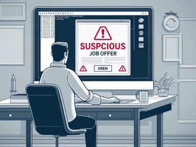 Man sitting at a computer with warning signs about job application scam